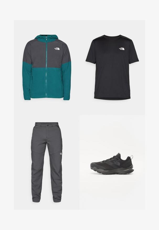 Zelena in temno siva jakna na zadrgo s kapuco, izdelana iz flis materiala. Ima stranske žepe in bel logotip na levem prsnem delu.; Črna kratkosleevena majica iz lahkotnega materiala. Ima majhen bel logo na levem prsnem delu in diskretne poudarke na ramenskem predelu.; Sive hlače za prosti čas iz trpežne tkanine, s pritrdilnim gumbom, zanko za pas in logotipom blizu spodnjega dela noge.; Črne športne čevlje z mrežastim zgornjim delom, gumijastim podplatom in oblazinjenim ovratnikom. Imajo vezalke, logo na strani in strukturiran dizajn.