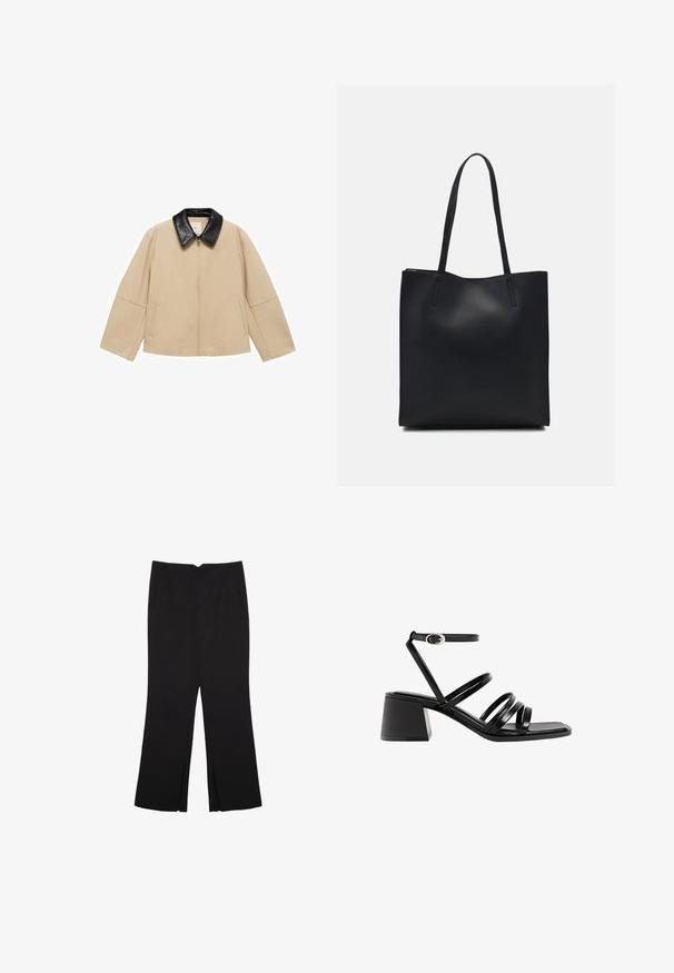 Béžová bunda s černým límcem z umělé kůže, zapínání na zip a dvěma bočními kapsami; má boxový střih a široké rukávy.; Černý top na ramínka vyrobený z bavlny, s kulatým výstřihem a širokými průramky. Hladká textura s prošitými lemy. Klasický, minimalistický design.; Černé kalhoty s rovným střihem, s předními kapsami a bočními rozparky na lemu. Vyrobené z jemné, hladké tkaniny. Vhodné na různé příležitosti.; Černé kožené sandály na podpatku s několika tenkými pásky a přezkou kolem kotníku. Čtvercová špička a blokový podpatek, s hladkým povrchem.; Černá kožená taška přes rameno s hladkým povrchem, obdélníkovým tvarem a dvěma dlouhými uchy. Žádné viditelné kování ani ozdoby.