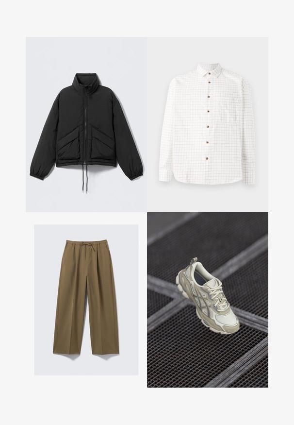 Schwarze, wattierte Jacke mit hohem Kragen, Reißverschluss, elastischen Bündchen und zwei schrägen vorderen Taschen. Glattes, leichtes Material.; Weißes Hemd mit Knöpfen und einem Karomuster in Marineblau, ausgestattet mit einer Brusttasche, abgerundetem Saum und Holzknöpfen. Leichtes Material.; Weite Hosen in Olivgrün, hergestellt aus weichem Stoff mit einem elastischen Bund und verstellbarem Kordelzug. Mit zwei Seitentaschen.; Beige Turnschuhe mit einem strukturierten Mesh-Obermaterial, subtilen grauen Akzenten und einer gepolsterten Zunge. Rundes, gepolstertes Sohlen-Design für Komfort.