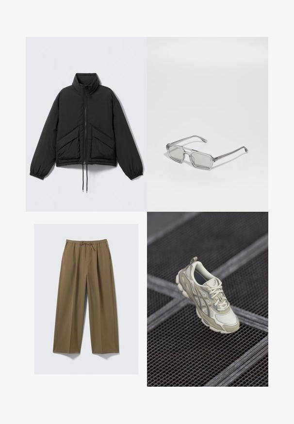 Schwarze, wattierte Jacke mit hohem Kragen, Reißverschluss, elastischen Bündchen und zwei schrägen vorderen Taschen. Glattes, leichtes Material.; Weißes Hemd mit Knöpfen und einem Karomuster in Marineblau, ausgestattet mit einer Brusttasche, abgerundetem Saum und Holzknöpfen. Leichtes Material.; Weite Hosen in Olivgrün, hergestellt aus weichem Stoff mit einem elastischen Bund und verstellbarem Kordelzug. Mit zwei Seitentaschen.; Beige Turnschuhe mit einem strukturierten Mesh-Obermaterial, subtilen grauen Akzenten und einer gepolsterten Zunge. Rundes, gepolstertes Sohlen-Design für Komfort.; Emporio Armani Sonnenbrille - shiny transparent grey