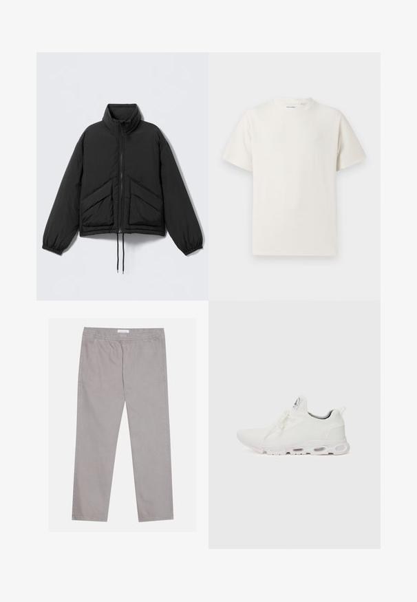 Giacca imbottita nera con collo alto, chiusura con cerniera, polsini elastici e due tasche frontali inclinate. Tessuto liscio e leggero.; T-shirt bianca a maniche corte in texture a coste. Girocollo, vestibilità rilassata, senza modelli o accenti visibili. Design semplice e versatile.; Pantaloni di cotone grigio chiaro con vita elastica, due tasche laterali, design a gamba dritta e una trama liscia. Dettaglio di cuciture semplice.; Scarpe atletiche bianche con tomaia in maglia testurizzata, lacci piatti e una suola ammortizzata con camere d'aria visibili per un supporto aggiuntivo.