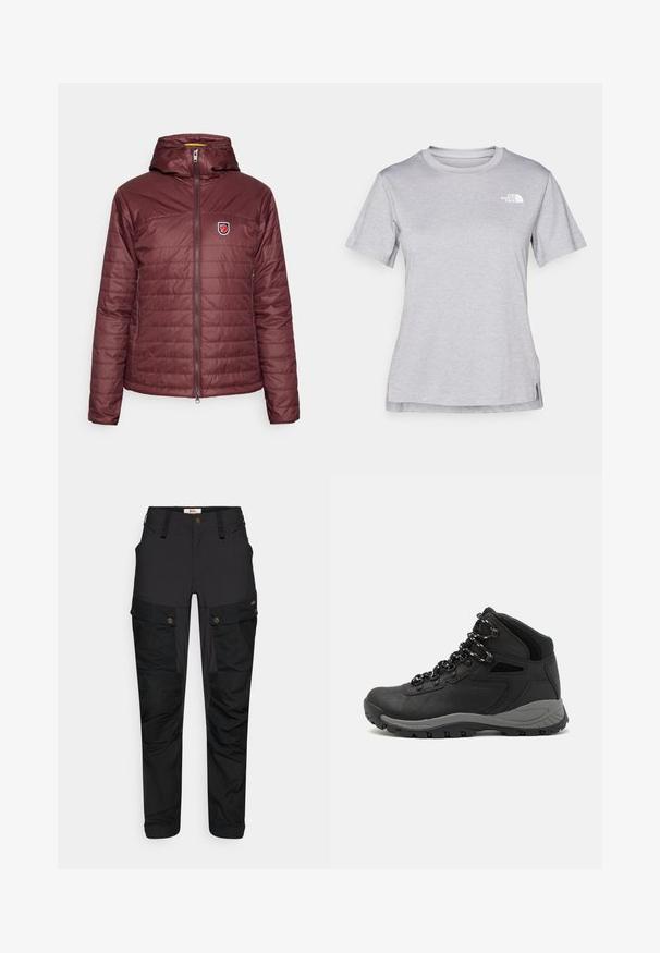 Bordová zateplená bunda s kapucí, s předním zipem a horizontálním prošíváním. Na levé hrudi je umístěna nášivka s logem.; Šedé tričko s krátkým rukávem vyrobené z měkké, vlhkosti odvádějící tkaniny. Obsahuje kulatý výstřih a malé bílé logo na levém horním rukávu.; Černé cargo kalhoty vyrobené z odolné tkaniny, se spoustou kapes, zipovým zapínáním a plochým pasem. Texturované detaily na kolenou a po stranách.; Černé turistické boty s mírně vyšším střihem, které mají texturovaný svršek, šedé detaily a odolnou gumovou podrážku s trakčními výstupky.