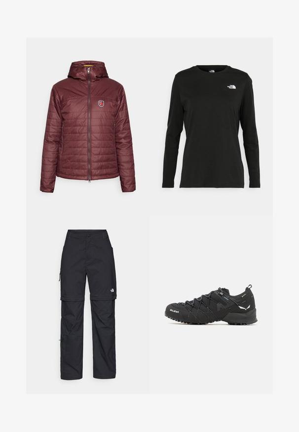 Bordo izolēta jaka ar kapuci, ar rāvējslēdzēja aizmuguri un horizontālu šūšanu. Uz kreisā krūškurvja ir izšūta logo plāksne.; Melnas garām piedurknēm T-krekls, izgatavots no kokvilnas ar apaļu kaklu. Tam ir mazs balts logo kreisajā krūtīs. Vienkāršs dizains un piegulums.; Melni nailona bikses ar noņemamām kājām, regulējamiem uzmavām, vairākām kabatām un logotipu uz labās kājas. Gluda, viegla tekstūra.; Melnas pārgājienu kurpes ar teksturētu auduma virsu, šņorēšanas sistēmu un izturīgu gumijas zoli. Akcentētas ar atstarojošām detaļām un logo.