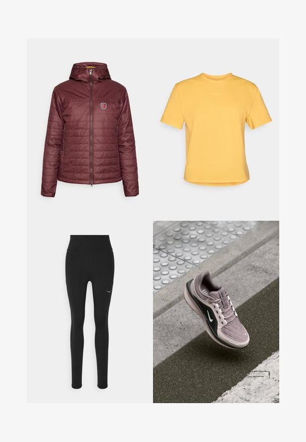 Bordo izolirana jakna s kapuco, z zadrgo spredaj in horizontalnim šivom. Nalepkasti logotip se nahaja na levem prsnem delu.; Rumena majica s kratkimi rokavi in okroglim izrezom, narejena iz mehke tkanine. Ima subtilen logotip na prsih in raven rob.; Črne legice z visokim pasom, narejene iz raztegljivega materiala. Imajo majhen bel logotip na levi strani in detajle na stranskih šivih.; Svetlo vijolična športna obutev z quilted teksturo, črnimi stranskimi poudarki in belim logotipom. Opremljena je z vezalkami in podplatom z oblazinjenjem za udobje.