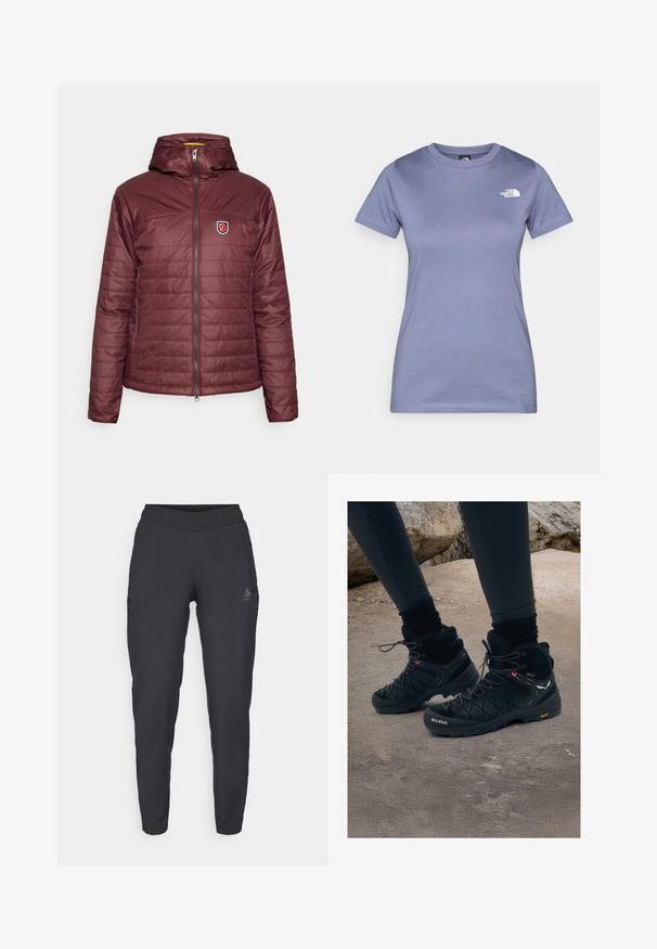 Bordeauxfärgad isolerad jacka med huva, med dragkedja framtill och horisontell quiltning. En patch-logotyp är placerad på vänster bröst.; Ljuslila kortärmad t-shirt i bomull, med rund halsringning och en liten vit logotyp på bröstet. Slät textur.; Svarta träningsbyxor i mjukt tyg; har elastisk midja, smalnande ben och sidofickor, med en logotyp på vänster lår.; Svarta vandringsskor med hög ankel design, texturerad yta, förstärkt tå och Vibram-sula. Utrustad med snörning och logotyp på sidan.