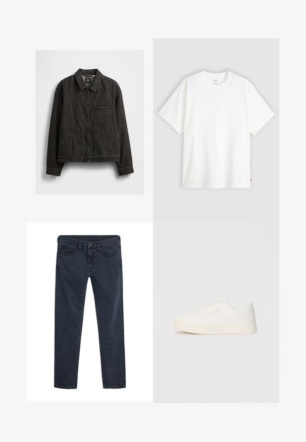Jaqueta preta com fecho éclair e riscas verticais brancas, apresentando um colarinho, dois bolsos laterais e um bolso de peito.; T-shirt branca de manga curta, feita de algodão, com decote redondo. Apresenta um discreto detalhe de logotipo em relevo na frente e uma etiqueta vermelha na bainha.; Jeans de ganga azul escuro com corte justo, design de cinco bolsos, fecho de botão e uma textura sutilmente desgastada por todo o tecido.; Sapatilhas brancas de atacar com uma superfície texturizada, sola grossa e design minimalista. Possui o logo da marca na lateral.
