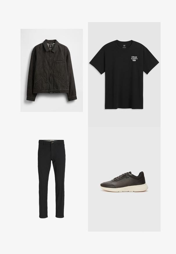 Juoda zip-up striukė su baltomis vertikaliomis dryžuotėmis, turinti apykaklę, dvi šonines kišenes ir krūtinės kišenę su įpjova.; Juodas medvilninis marškinėliai su krūtinės spauda, kuri skaito "NAMŲ AUGALAI" balta stilizuota šriftu su "Levi's" žemiau. Klasikinis apvalus iškirpimas.; Juodi medvilnės mišiniai kelnės su siauru siluetu, su mygtuko uždarymu, kišenėmis ir sukamučiais galais, suteikiančiais laisvalaikio stilių.; Tamsiai rudos sportinės bateliai su tekstūriniu odiniu paviršiumi, perforuotais elementais ir lengvu kreminiu padu. Yra raišteliai ir subtilus prekės ženklas.