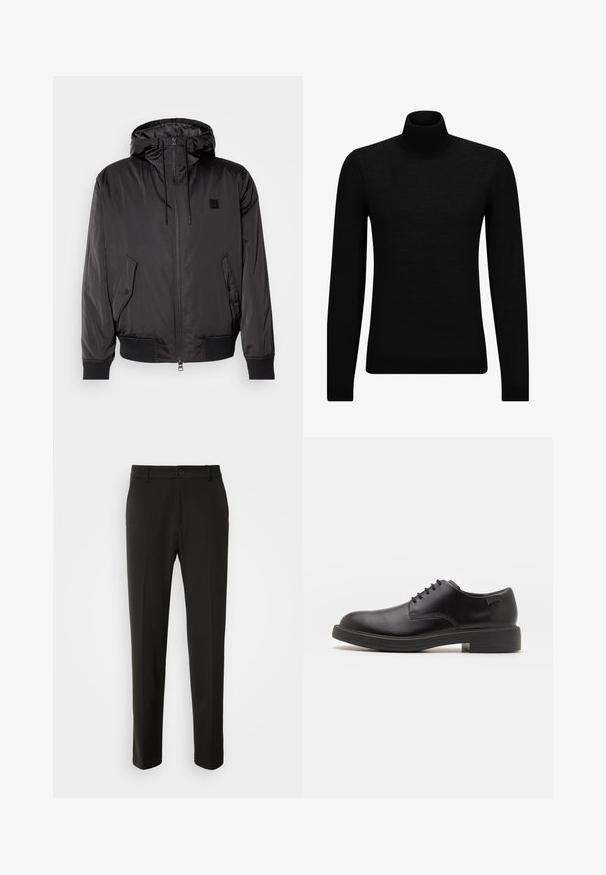 HUGO BERNANDO - Kerge jope - black; Musthave muströid ja pehmest materjalist must turtleneck, millel on pikad varrukad ja tihe istuvus. Ribaga ääris allservas ja vöökohal. Lihtne disain.; Mustad püksid siledast kangast, sirgete jalgadega, nupuvõtme sulgemisega ja klassikaline disain, sobiv nii ametlikeks kui ka igapäevasteks kandmiseks.; Must beemel levalis kingad ümarate varvastega, sileda pinnaga, minimaalsete õmblustega ja madala kummist kontsaga. Logo kontsa peal.