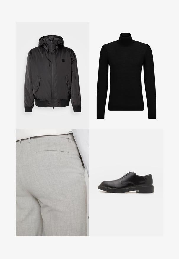 HUGO BERNANDO - Ľahká bunda - black; Čierny rolák vyrobený z jemného materiálu, s dlhými rukávmi a tesným strihom. Hranatý lem a manžety s ribbed úpravou. Jednoduchý dizajn.; Svetlosivé nohavice na mieru vyrobené zo štruktúrovanej látky, s jedným zadným vreckom a čistým prešívaním.; Čierne kožené šnurovacie topánky s okrúhlou špičkou, hladkým povrchom, minimálnym prešívaním a nízkym gumovým podpätkom. Logo na podpätku.