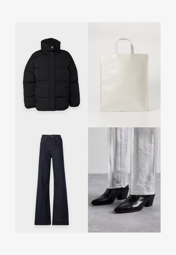 Vanessa Bruno DOW - Téli dzseki - noir; Fehér, hosszú ujjú, galléros ing, amely pamutból készült. Gombos elülső része és egyetlen mellzsebe van. Simított textúra, laza szabás.; Ksubi STRIDER CUFF ORIGINAL - Széles szárú - blue denim; Fekete bőr bokacsizma hegyes orral és tömbsarkal, fényes ezüst nadrággal párosítva, amely sima textúrákat és kontrasztos színeket mutat be.; Max Mara Leisure BETELGEUSE - Bevásárlótáska - grigio perla