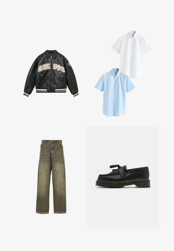 Črna usnjena bomberska jakna z bež vezenim napisom "BLK VIBZ," z zlatim zadrgo ter rebrastimi pletenimi manšetami in robom. Ima kontrastno šivanje.; Dve majice s kratkimi rokavi: ena bela in ena svetlo modra. Obe imata gumbno zapiranje spredaj, ovratnik, gladko bombažno tkanino in standardni kroj.; Široke jeans hlače iz olivno zelene denima, s poudarjenimi šivi, klasičnim gumbom za zapiranje in izblečenim videzom.; Črne usnjene loafersice s kaširanim naglasom, z debelim črnim podplatom in rumenim šivom ob robu. Teksturirana površina.