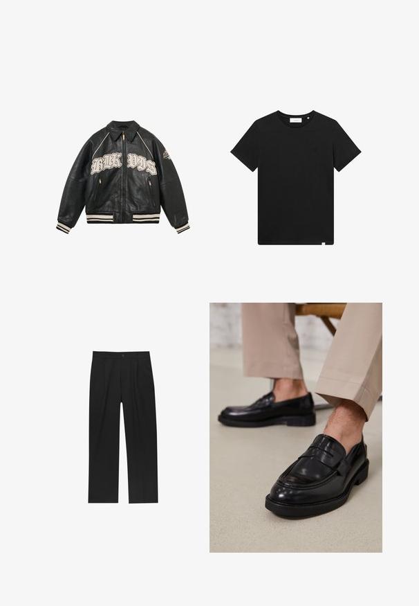 Sort læder bomberjakke med beige broderet tekst "BLK VIBZ," guld lynlås og ribbet strik ved manchetten og kanten. Har kontrastsyninger.; Sort kortærmet T-shirt lavet af bomuld, med rund hals og et lille logo broderet på brystet. Glat tekstur, standard pasform.; Sorte bukser med lige ben, lavet af et glat stof. Har frontfolder og en enkelt knaplukning i taljen.; Sorte lædermokkasiner med en glat overflade, der har en dekorativ rem og kontraststing, parret med beige bukser.