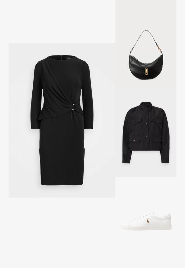 Juodas trumpas švarkas, pagamintas iš lengvos medžiagos. Turtingas aukštu apykaklė, priekyje užsegamas mygtukais, ir dvi krūtinės kišenės su sklende.; Juodas ilgomis rankovėmis suknelė su mazgo detale liemenyje, su apvalia iškirpte ir dviem kišenėmis, pagaminta iš lygaus, tampraus audinio.; Baltos odinės sportbačiai, žemo profilio, su lygia tekstūra, apvalia nosimi, raištelių sistema priekyje ir mažyte siuvinėta logo šone.; Juodos odos rankinė pusmėnulio forma. Papuošta auksinėmis detalėmis ir siaura juosta. Lygi tekstūra, užtrauktuko uždarymas viršuje.