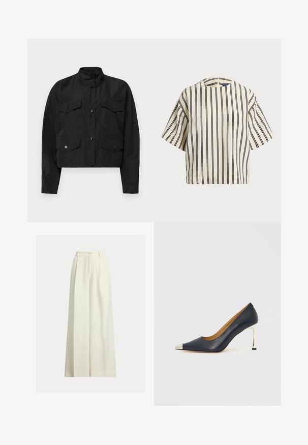 Crna skraćena jakna od lagane tkanine. Ima visoki ovratnik, prednje kopčanje na dugmad i dvije prsne džepove s preklopima.; Kratki rukavi, prugasti top u krem i tamnoplavoj boji, sa okruglim izrezom i kutijastim dizajnom od teksturirane tkanine.; Krem široke hlače od glatkog materijala, s visokim strukom, dva nabora sprijeda i jednim gumbom kao kopčanjem.; Smeđe plava kožna ženska cipela s visokim potpeticama i šiljastim vrhom, s metalnim srebrnim vrhom i sjajnom srebrnom štiklom.