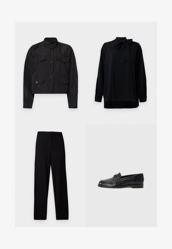 Fekete, rövidített farmerkabát, könnyű anyagból készült. Magas gallérral, elülső gombos záródással és két felső zsebbel rendelkezik, amelyeknek fedél van a tetején.; Fekete blúz magas gallérral és masnis részlettel. Hosszú ujjak, mandzsettás véggel. Sima anyagból készült, laza szabással.; Fekete, bő szárú nadrág puha, rugalmas anyagból. Simaság jellemzi a derékrészt, nincsenek látható varrások vagy zsebek. Egyszerű és sokoldalú dizájn.; Fekete bőr loafer cipők sima felsőrésszel, dombornyomott vonalmintával és dekoratív csat részlettel a cipő orrán. Alacsony, tömb alakú sarok.
