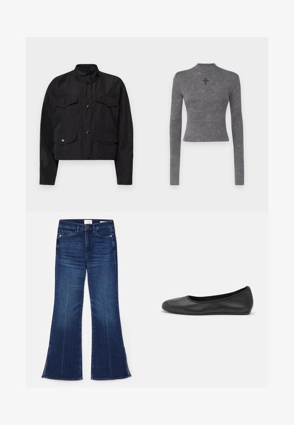 Schwarze, verkürzte Jacke aus leichtem Stoff. Verfügt über einen hohen Kragen, eine Frontknopfleiste und zwei Brusttaschen mit Klappen.; Grau geripptes Langarmoberteil mit hohem Kragen und dekorativer Kreuzstickerei in der Mitte. Glatte Textur mit figurnaher Passform.; Dunkelblaue, ausgestellte Jeans aus Denim. Mit hoher Taille, vorderen Taschen und Schlitzen am Saum. Klassisches Fünf-Taschen-Design.; Schwarze Leder-Ballettschuhe mit abgerundeter Spitze, glatter Textur, minimalen Nähdetails und einem flexiblen Sohlen-Design.