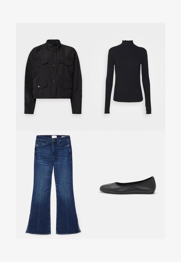 Mustan lyhyen takin, joka on valmistettu kevyestä kankaasta. Siinä on korkea kaulus, edessä nappisulku ja kaksi rintataskua läpillä.; Musta pitkähihainen poolotoppi, joka on valmistettu sileästä kankaasta, jossa on röyhelökaulus ja tiukka siluetti yksinkertaisilla reunoilla.; Tummansiniset leveälahkeiset farkut, jotka on valmistettu denimmateriaalista. Ominaisuuksiin kuuluu korkea vyötärö, etupocketit ja halkiokohdat helman kohdalla. Klassinen viiden taskun muotoilu.; Musta nahkainen ballerina, jossa on pyöristetty kärki, sileä pinta, minimaalinen ommelkoristelu ja joustava pohjamuotoilu.