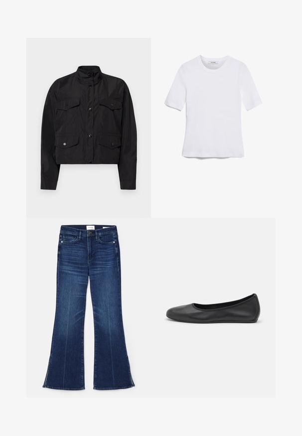 Juodas trumpas švarkas, pagamintas iš lengvos medžiagos. Turtingas aukštu apykaklė, priekyje užsegamas mygtukais, ir dvi krūtinės kišenės su sklende.; Balta trumpa rankovėmis marškinėliai, pagaminti iš pasiruošusio audinio. Apvali iškirptė, reguliari tinkamumas ir subtilūs siuvimo detalės. Be raštų ar grafikos.; Tamsiai mėlynos flare tipo džinsai, pagaminti iš džinsinio audinio. Su aukštu liemeniu, priekinėmis kišenėmis ir skeltukais hem'e. Klasikinis penkių kišenėlių dizainas.; Juodai odiniai baletai su apvaliu pirštu, lygi texture, minimalus siuvimo detales ir lanksčiu padų dizainu.