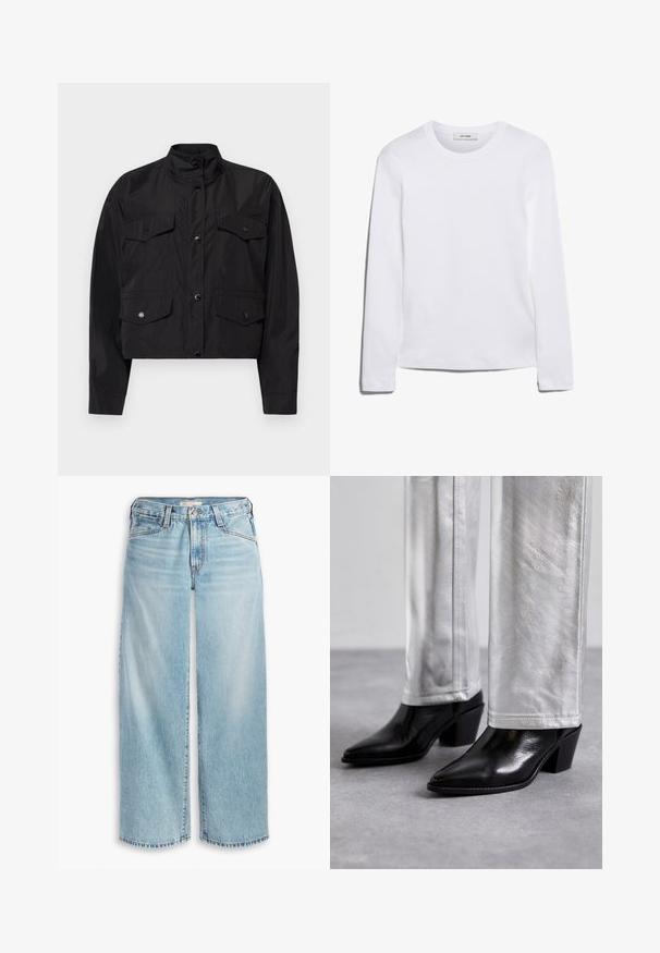 Black cropped jacket made of lightweight fabric. Features a high collar, front button closure, and two chest pockets with flaps.; Long-sleeve white T-shirt made of ribbed cotton, featuring a round neckline and a straight hem. Simple design with no patterns or accents.; Light blue wide-leg jeans made of denim, featuring a high waist, button fly, and frayed hemline. Visible stitching and pockets.; Black leather ankle boots with a pointed toe and block heel, paired with shiny silver pants, showcasing sleek textures and contrasting colors.