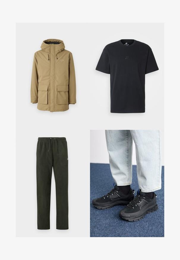 Khaki waterproof jacket with a hood, zip closure, two front pockets, and elastic cuffs. Features a logo on the upper left chest area.; Nike black cotton t-shirt with a classic crew neck, short sleeves, and a subtle, embossed logo on the chest. Smooth texture.; Dark green fleece pants with an elastic waistband, drawstring, two front pockets, and a small logo accent on the left thigh.; Black athletic shoes with textured fabric and rubber soles, featuring elastic laces and a blue accent on the heel. Worn with light denim pants.