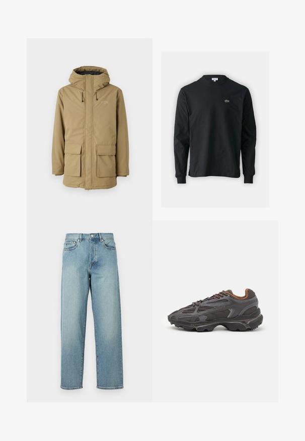 Khaki waterproof jacket with a hood, zip closure, two front pockets, and elastic cuffs. Features a logo on the upper left chest area.; Black long-sleeve t-shirt made of cotton, featuring a round neckline and a small green embroidered crocodile logo on the left chest.; Light blue denim jeans with a loose fit, straight legs, five-pocket design, and a button closure at the waist. Minimalistic stitching detail.; Lacoste sneakers in dark gray with mesh and synthetic material, featuring a textured sole and brown accents on the collar and branding.