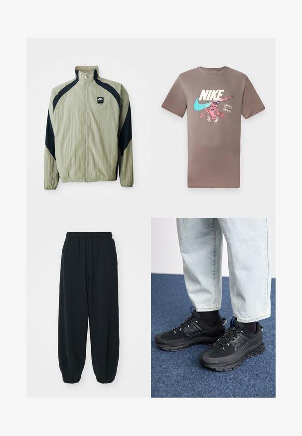 Casaco verde-claro com fecho éclair, com detalhes em azul-marinho, mangas raglan e um tecido texturizado; apresenta um logótipo da marca no lado superior esquerdo.; T-shirt de algodão castanho com um gráfico colorido de um personagem com óculos de sol, ao lado dos logos da Nike e da Air em cores contrastantes.; Calças de fato de treino pretas, com cintura elástica e um corte solto, com punhos nas pernas, textura suave e sem padrões visíveis ou detalhes de metal.; Sapatilhas desportivas pretas com tecido texturizado e solas em borracha, apresentando atacadores elásticos e um detalhe azul no calcanhar. Usadas com calças de ganga claras.