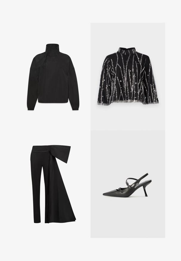 Zwarte lichtgewicht jas met een hoge kraag, ritsluiting, elastische manchetten en logo op de voorkant, gemaakt van glad, waterafstotend materiaal.; Zwart cropped top met hoge hals, voorzien van zilveren pailletten in verticale lijnen, doorschijnende mouwen en gestructureerde stof.; Zwarte broek met een brede, gedrapeerde sjaaldetail bij de taille. Gladde stof, rechte pijp en geplooide tailleband.; Zwarte leren slingback hakken met een spitse neus, slanke hak en decoratieve gespdetails op de bovenkant. Gladde textuur en een strakke uitstraling.