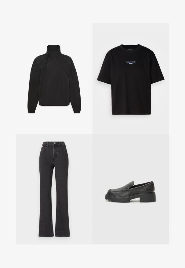 Giacca nera leggera con colletto alto, chiusura a zip, polsini elasticizzati e logo sul davanti, realizzata in materiale liscio e resistente all'acqua.; T-shirt nera in cotone con colletto rotondo, maniche corte e logo ricamato blu "Calvin Klein JEANS" sul davanti.; Jeans neri a vita alta e a zampa d'elefante in denim, con chiusura a bottoni, passanti per cintura e tasche laterali. Texture liscia con minimal fading.; Mocassini in pelle nera con punta arrotondata, suola spessa e testurizzata, e minime cuciture. Design elegante senza lacci o parti metalliche visibili.