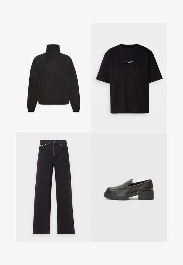 Black lightweight jacket with a high collar, zip closure, elastic cuffs, and logo on the front, made from smooth, water-resistant material.; Black cotton t-shirt with a round neck, short sleeves, and blue embroidered "Calvin Klein JEANS" logo on the front.; Black wide-leg jeans made of denim, featuring a high-rise waist, five-pocket styling, and a metal button closure with contrasting stitching.; Black leather loafers with a rounded toe, thick textured sole, and minimal stitching details. Sleek design with no visible laces or hardware.