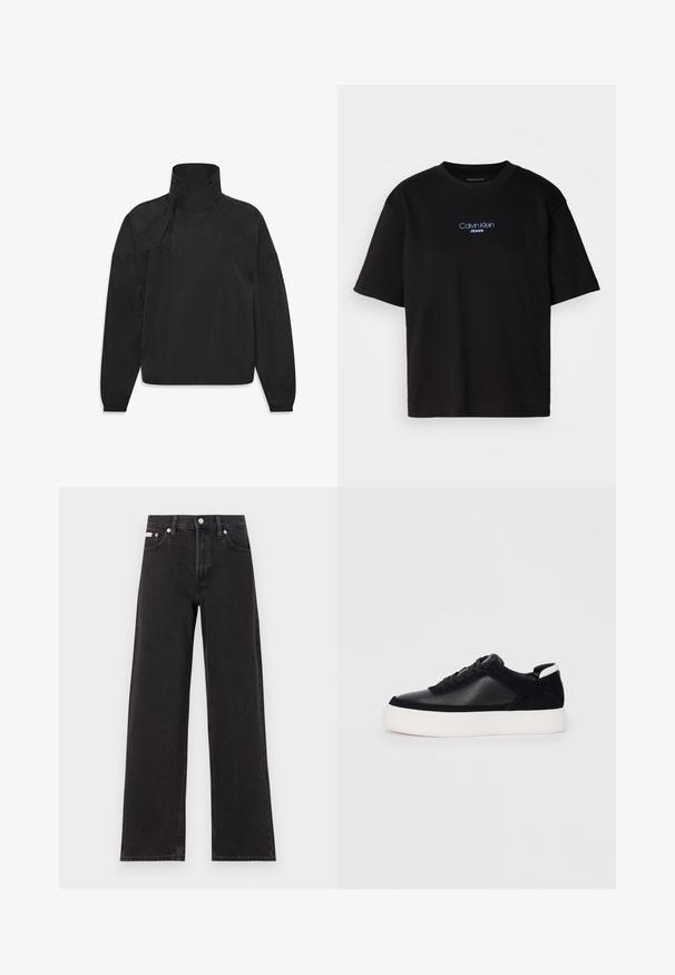 Must valmistatud siledast, veekindlast materjalist, must kerge jope kõrge kraega, lukuga kinnitusega, elastsete mansettide ja esiküljel logoga.; Mustmust särk ümmarguse kaelusega, lühikeste varrukatega ja sinise tikandiga "Calvin Klein JEANS" logo ees.; Mustad laiad mustad teksad, millel on kõrge vöökoht, viie tasku stiil ja metallist nööpkinnitus kontrastsete õmblustega.; Mustad mustad spordijalanõud siledast nahast ja sametist paneelidega, lame nööriga, ümar varvas ja valge kummist tallaga. Erakordne logo kontsas.