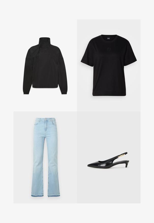 Musta kevyt takki korkealla kauluksella, vetoketjukiinnityksellä, joustavilla hihansuilla ja logolla edessä, valmistettu sileästä, vedenkestävästä materiaalista.; Musta puuvillapaita, jossa on pyöreä kaula-aukko, lyhyet hihat ja brodeerattu logo rinnassa. Yksinkertainen, rento istuvuus ilman kuvioita.; Vaaleansiniset levenevät farkut, jotka on valmistettu denimistä. Niissä on korkea vyötärö, etutaskut ja raaka helma lahkeissa rentoa ilmettä varten.; Mustat nahkaiset slingback-korkokengät, joissa on terävä kärki, ohuet korot ja kultasävytteinen yksityiskohta säädettävässä hihnassa. Silkkinen pinta.