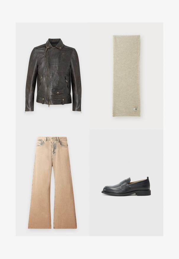 Brązowa skórzana kurtka z zamkiem błyskawicznym, zatrzaskowym kołnierzem, przednimi kieszeniami na zamek oraz teksturowanym wykończeniem, z metalowymi akcentami.; Biała koszula z długim rękawem, wykonana z teksturowanej tkaniny, z klasycznym kołnierzykiem, z przodem na guziki i prostym wykończeniem, o luźnym kroju.; Beżowe dżinsy o szerokich nogawkach z wyblakłą teksturą, pięcioma kieszeniami i przeszyciami wzdłuż szwów. Pas z tradycyjnym zapięciem na guzik.; Czarne skórzane mokasyny z gładkim wykończeniem, płaską podeszwą i zaokrąglonym czubkiem, ozdobione paskiem na górze.; Beżowy, dziany szalik o pionowej fakturze prążkowanej. Posiada małą metkę materiałową z napisem "DRYARN" na jednym końcu. Miękki, lekki materiał.; Czarny krawat z diagonalnymi niebieskimi paskami, wykonany z gładkiego materiału. Posiada zwężający się koniec oraz zawiązany uchwyt na górze.