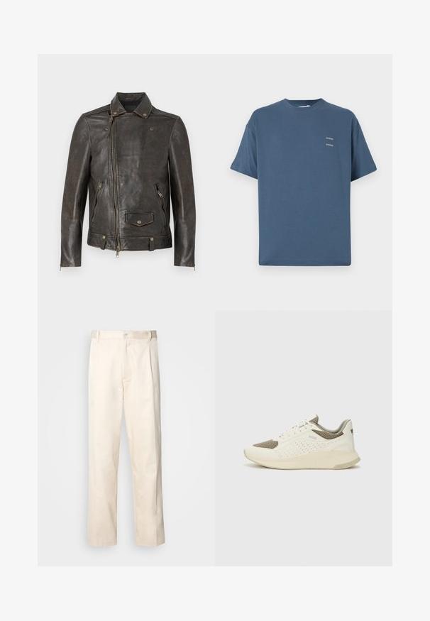 Brun läderjacka med dragkedja, tryckknappskrage, framsida med dragkedjefickor och en texturerad yta med metalliska detaljer.; Blå bomullströja med klassisk rund halsringning, korta ärmar, avslappnad passform och två små tryckta logotyper på bröstet. Slät textur.; Beiga bomullbyxor med rak benform, utrustade med knappstängning och veck framtill för extra detalj.; Vit och ljusbeige atletisk sneaker med ett meshöverdrag, perforerade detaljer och en texturerad mellansula med varumärke på hälen.
