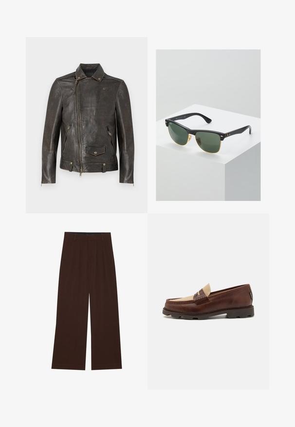 Hnedá kožená bunda s uzatváraním na zips, pritlačným golierom, prednými vreckami na zips a textúrovaným povrchom, s kovovými akcentmi.; Biely bavlnený tielko s okrúhlym výstrihom, širokými ramennými popruhmi a rovnom spodným lemom, ktoré má hladkú textúru a žiadne viditeľné vzory.; Hnedé nohavice s širokými nohavicami a plisovaním. Vyrobené z hladkej látky, s upraveným pásom a bočnými vreckami. Rovný lem na spodnej časti.; Hnedé kožené loafers so taupe plátnovým akcentom, prešívaním a textúrovanou gumovou podrážkou navrhnutou pre pohodlie a trvácnosť.; Slnečné okuliare Ray-Ban so zelenými sklami, čiernymi plastovými rámami a zlatými akcentami na okrajoch. Štvorcový tvar s matným povrchom.