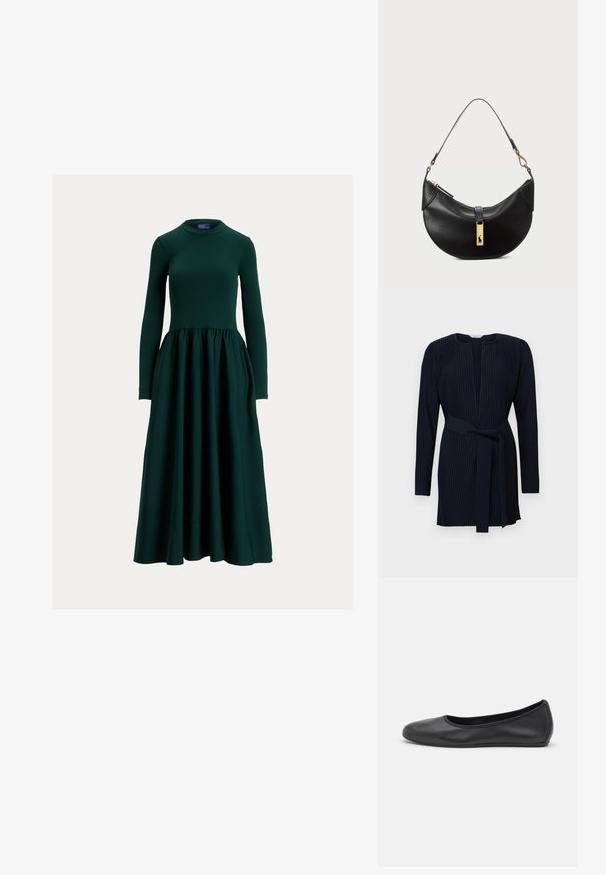 Temno modra obleka z dolgimi rokavi z rebrasto teksturo, z okroglo izrezom in ujemajočim pasom v pasu.; Temno zelena obleka z dolgimi rokavi iz gladkega materiala, z oprijetim zgornjim delom in razširjeno, naborki okrašeno krilo. Okrogli izrez na vratu.; Črne usnjene balerinke z zaobljenim nosom, gladko teksturo, minimalnimi šivi in fleksibilno zasnovo podplata.; Črna usnjena torbica v obliki polmeseca. Ima zlato kovinsko dekoracijo in ozek trak. Gladka tekstura, z zadrgo na vrhu.