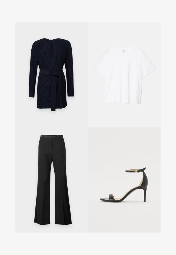 Temno modra obleka z dolgimi rokavi z rebrasto teksturo, z okroglo izrezom in ujemajočim pasom v pasu.; Bela bombažna majica s kratkimi rokavi, okroglim izrezom, sproščenim krojem in šivanim robom. Oznaka vidna na notranji strani izreza.; Črne široke hlače z gladkim zaključkom tkanine, z enotnim pasom in pritisnjenimi gubami za oblikovan videz.; Črne usnjene sandale s peto, ki imajo priponko za gleženj. Imajo gladko teksturo, odprt prst in tanek peto. Podrobnost z zlatim sponko.