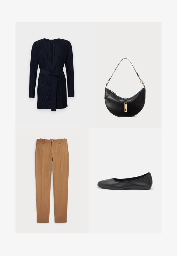 Tengerészkék, hosszú ujjú ruha bordázott textúrával, kör alakú nyakkivágással és a deréknál illeszkedő övvel.; Fekete pamut póló kerek nyakkivágással, rövid ujjakkal és fehér hímzett logóval a bal mellrészen. Simább textúra, laza stílus.; Barna pamut nadrág, karcsú szabású, sima elülső résszel és standard zsebekkel; sima tapintású és hemzsegő szegélyekkel.; Fekete bőr balettcipő lekerekített orral, sima tekstúrával, minimális varrással és rugalmas talp kialakítással.; Fekete bőr kézitáska félhold alakú formában. Aranyszínű fémrészekkel és keskeny pánttal rendelkezik. Simább felület, cipzáras záródás a tetején.