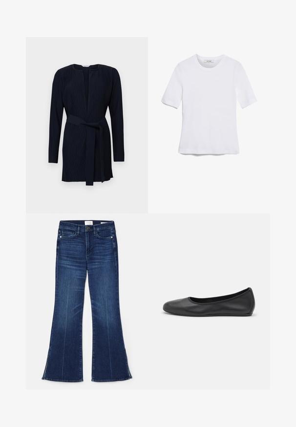 Námořnická modrá dlouhá šatová s rukávy s žebrovanou texturou, s kulatým výstřihem a odpovídajícím páskem v pase.; Bílá tričko s krátkým rukávem vyrobené z žebrované tkaniny. Kulatý výstřih, normální střih a jemné detaily šití. Bez vzorů nebo grafik.; Tmavě modré zvonové džíny vyrobené z denimu. Mají vysoký pas, přední kapsy a rozparky na lemu. Klasický design s pěti kapsami.; Černé kožené baletní byty s kulatou špičkou, hladkou texturou, minimálními švy a flexibilním designem podrážky.