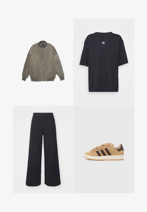 Olíva zöld bomber dzseki bordázott mandzsettával és aljjal, cipzáras záródás, két elülső zseb és egy plusz zseb a kézfején. Simább anyagú textúra.; Fekete pamut póló rövid ujjakkal, kerek nyakkivágással, mellkason fehér Adidas logóval. Egyszerű dizájn, laza fazon.; Fekete, bő szárú melegítőnadrág, puha anyagból készült, rugalmas derékkal és egy kis logóval a bal oldalon.; Barna velúr sportcipő három sötétbarna csíkkal, fehér talppal és bézs fűzővel. Teal és fehér csíkos nadrággal párosítva.