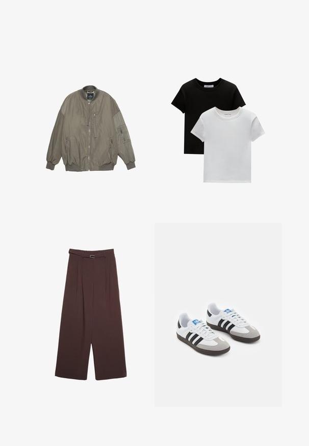 Olivově zelená bomber bunda s ribovanými manžetami a spodním lemem, zapínáním na zip, dvěma předními kapsami a další kapsou na rukávu. Hladký textilní povrch.; Dvě trička s kulatým výstřihem v černé a bílé barvě, vyrobená z bavlny. Mají krátké rukávy a jednobarevný design bez vzorů nebo akcentů.; Stradivarius WIDE-LEG WITH BUCKLE DETAIL - Kalhoty - dark brown; Sportovní boty s bílým koženým svrškem, šedou semišovou špičkou a třemi černými pruhy. Obsahují modré logo na jazyku a texturovanou gumovou podrážku.