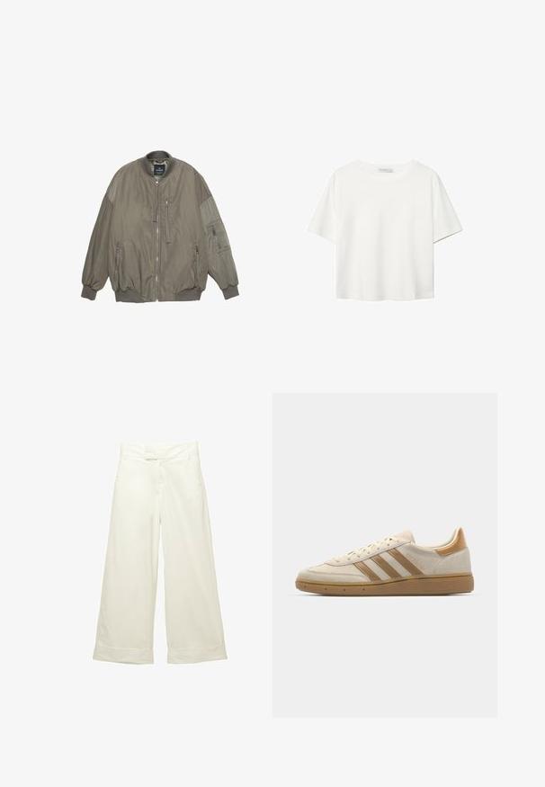 Olivgrüne Bomberjacke mit gerippten Bündchen und Saum, Reißverschluss, zwei Fronttaschen und einer zusätzlichen Tasche am Ärmel. Glatte Stofftextur.; Weißes T-Shirt mit kurzen Ärmeln aus Baumwolle. Hat einen Rundhalsausschnitt und eine lockere Passform. Glatte Textur ohne sichtbare Muster oder Akzente.; Weit geschnittene Hose aus weichem, cremefarbenem Stoff. Mit flachem Bund und aufgeschlagenen Säumen. Glatte Textur mit einem klaren, minimalistischen Design.; Beige Wildledersneaker mit hellbraunen Akzenten. Verfügt über drei braune Streifen, eine strukturierte Gummisohle und ein rundes Zehendesign.