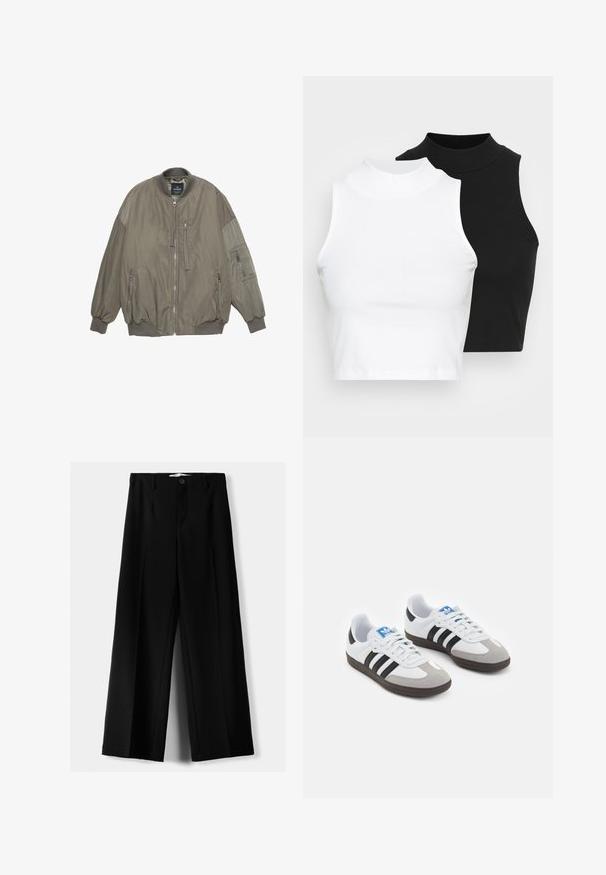 Olivgrüne Bomberjacke mit gerippten Bündchen und Saum, Reißverschluss, zwei Fronttaschen und einer zusätzlichen Tasche am Ärmel. Glatte Stofftextur.; Zwei ärmellose, gerippte Rollkragenoberteile in Schwarz und Weiß, mit einer figurbetonten Passform und glatter Textur sowie einer cropped Länge.; Schwarze weite Hosen aus leichtem Stoff, mit einem Knopfverschluss vorne und flachem Bund, mit sorgfältig genähten Säumen.; Sportschuhe mit einem Obermaterial aus weißem Leder, grauer Wildleder-Zehenkappe und drei schwarzen Streifen. Sie verfügen über ein blaues Logo auf der Zunge und eine strukturierte Gummisohle.