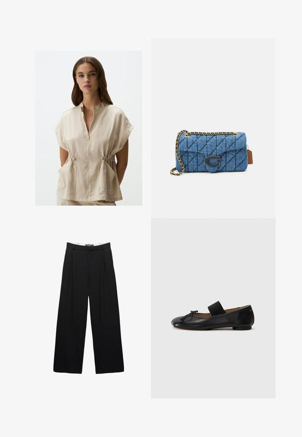 Beige, kortarmige top met een ritssluiting aan de voorkant, staande kraag en elastische trekkoord in de taille. Voorzien van twee voorzakken. Glad textuur.; Blauw en witte verticaal gestreepte langemouwen overhemd met knoopsluiting, puntige kraag en één borstzak.; Zwarte wijde pantalon van soepel materiaal. Voorzien van plooien aan de voorkant, een tailleband met riemlussen en een getailleerd silhouet.; Zwarte leren balletschoenen met een ronde neus, een klein knoopdetail en een elastische band over de wreef voor een stevige pasvorm. Platte zool.; Blauwe gewatteerde denim schoudertas met een gouden kettingstrap en een opvallend gouden logo accent op de voorkant. Compact rechthoekig van vorm.; Zilveren metalen oorbellen met een golvend, sculpturaal ontwerp, voorzien van een gepolijste afwerking en onregelmatige vormen, die een hedendaagse esthetiek benadrukken.