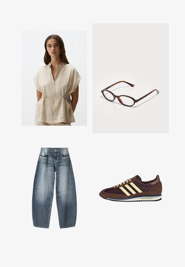 Beige, kurzärmliges Oberteil mit Reißverschluss vorne, Stehkragen und elastischem Zugband in der Taille. Besitzt zwei Vordertaschen. Glatte Textur.; Weißes kurzärmliges T-Shirt aus weichem Stoff. Hat einen runden Halsausschnitt und ein einfaches, sauberes Design mit geradem Saum.; Weite Jeans aus hellblauem Denim mit Ausbleichungen, im fünf-Taschen-Design, mit Knopfverschluss und minimalen Nähtelementen.; Braune und burgunderfarbene Sneaker aus Wildleder und Mesh-Materialien, mit drei cremefarbenen Streifen, strukturiertem Stoff an der Zunge und einer Gummisohle.; Schildpatt-Sonnenbrille mit ovalen Gläsern, ausgestattet mit einem dunklen Gestell mit hellen und dunklen Brauntönen sowie schlanken, geschwungenen Bügeln.