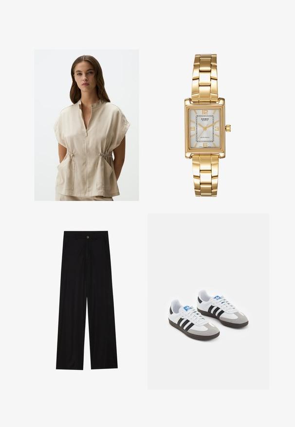 Beżowy, krótki top z krótkim rękawem, z zamkiem błyskawicznym z przodu, stójką i elastycznym sznurkiem w pasie. Posiada dwie kieszenie z przodu. Gładka struktura.; Czarna koszula z długim rękawem o szerokim dekolcie, wykonana z miękkiego materiału, charakteryzująca się dopasowanym krojem i minimalnymi detalami szwów.; Szerokie czarne spodnie wykonane z gładkiego materiału, z przednimi kieszeniami i zapięciem na guzik w talii. Minimalistyczny design bez wzorów.; Buty sportowe z białą skórzaną cholewką, szarym zamszowym noskiem i trzema czarnymi paskami. Posiadają niebieskie logo na języku oraz teksturowaną gumową podeszwę.; Złoty prostokątny zegarek na nadgarstek z białą tarczą, srebrnymi znacznikami godzin i wytrzymałym metalowym bransoletą. Wbudowana funkcja wodoodporna.