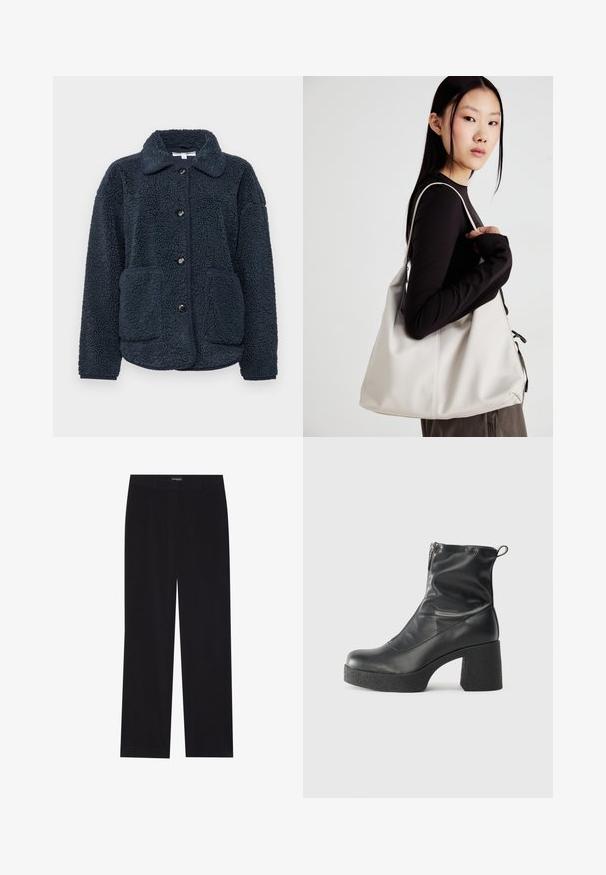 Jūras zilas krāsas flīsa jakas ar strukturētu audumu, pogu aizdari, smailu apkakli un divām priekšējām kabatām. Izstrādāta siltumam un komfortam.; Melna, ribota, garām piedurknēm pieguļoša džemperis ar apaļu kakla izgriezumu, izlikta pret vienkāršu gaišu fonu.; Melni korduroja bikses ar taisnu piegriezumu, ar plakanu jostasvietu un bez redzamām kabatām, gluda tekstūra un vertikālas ribas detaļa.; Melni potītes zābaki, kas izgatavoti no gludas ādas, ar sānu rāvējslēdzēju, masīvu strukturētu papēdi un noapaļotu purngalu.; Bežs rokassoma, izgatavota no mīksta materiāla, ar brīvu dizainu, izšūtu apdari un divām plecu siksnām. Piemērota ikdienas lietošanai.