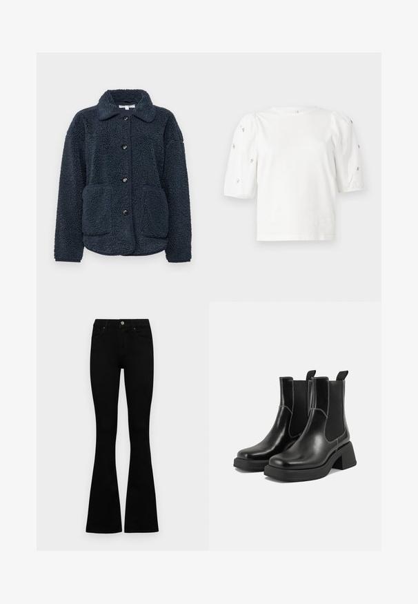 Temno modra flis jakna z teksturirano tkanino, gumbom za zapiranje, koničastim ovratnikom in dvema sprednjima žepoma. Oblikovana za toploto in udobje.; Bela bombažna majica s kratkimi rokavi s pufastimi rokavi, ki ima majhne srebrne okrase vzdolž rokavov. Klasičen okrogel izrez, sproščen kroj.; Črne visokotopne kavbojke z gumbom in zadrgo, sprednjimi žepi in razširjenimi hlačnicami, poleg bel background.; Črne usnjene Chelsea škornje s širokim petami, elastičnimi stranskimi ploščami in kontrastnim belim šivanjem. Teksturirana površina.