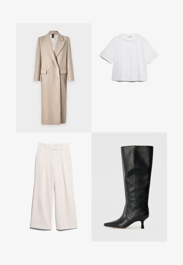 DRYKORN WORCESTER - Klassisk frakke - sand; Hvid bomulds t-shirt med korte ærmer, rund halsudskæring, afslappet pasform og ingen synlige mønstre eller grafik. Glat tekstur og enkelt design.; Bredde bukser i en lys cremefarve, lavet af glat stof med to forlommer og synlige sømme på livbåndet.; Sorte læderknæhøje støvler med spids tå, slankt design og en smal 3-tommer hæl. Har en guldfarvet detalje bagpå.