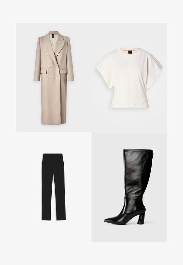 DRYKORN WORCESTER - Manteau classique - sand; T-shirt blanc cintré, manches courtes et larges, en coton doux, décolleté rond avec une discrète bordure orange, design minimaliste, sans motifs ni graphiques.; Pantalon noir ajusté avec une coupe droite, doté de poches avant et d'un tissu lisse et texturé. Détails soignés et minimalistes.; Botte en cuir noir à hauteur de genoux avec un bout pointu, une texture lisse et un talon épais. Elle présente un zip à l'arrière.