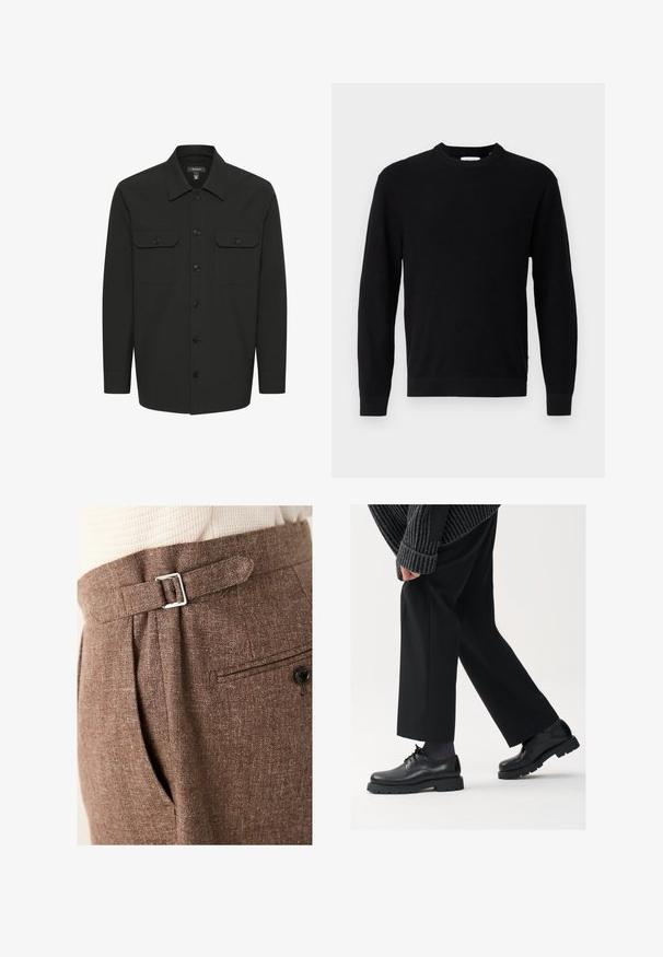 Črna srajčna bunda, narejena iz gladkega materiala. Ima gumbasto zapiranje spredaj, dva žepa na prsih s poklopcem in dolge rokave.; Črna pletena jopica s krožnim izrezom, dolgimi rokavi in rebrasto teksturo. Ima ravno spodnje robove in minimalističen dizajn.; Rjave prirejene hlače iz teksturirane tkanine, ki vključujejo srebrno zaponko v pasu, pregibe in zadnji žep z gumbom.; Črne usnjene čEvlje s zaobljenim nosom, zavezovanjem in debelim, teksturiranim podplatom. Obute z urejenimi črnimi hlačami in rebrastim puloverjem.